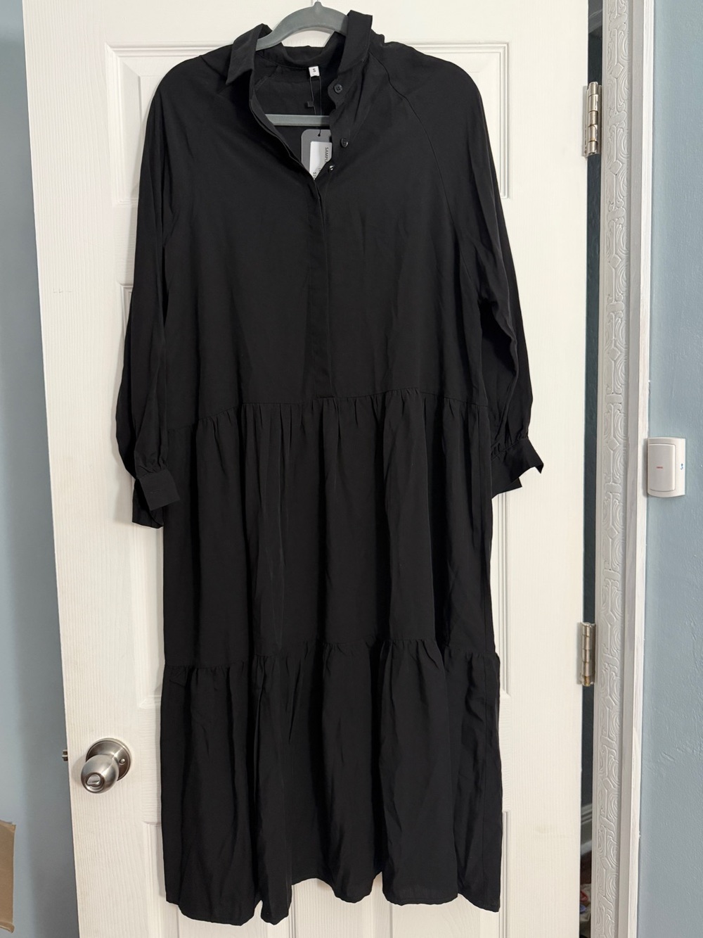 NWT! Black Tiered Long Sleeve midi button up dress.